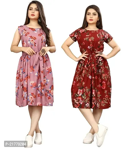 Stylish Multicoloured Crepe Printed Dresses For Women Pack Of 2