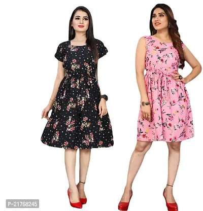 Stylish Multicoloured Crepe Printed Dresses Women Pack Of 2