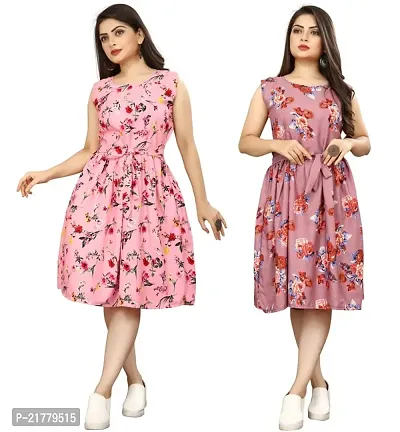 Stylish Multicoloured Crepe Printed Dresses For Women Pack Of 2