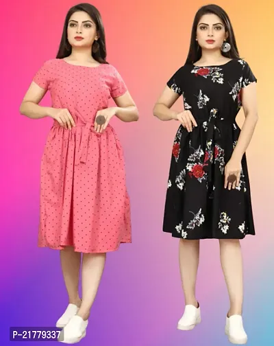 Stylish Multicoloured Crepe Printed Dresses For Women Pack Of 2