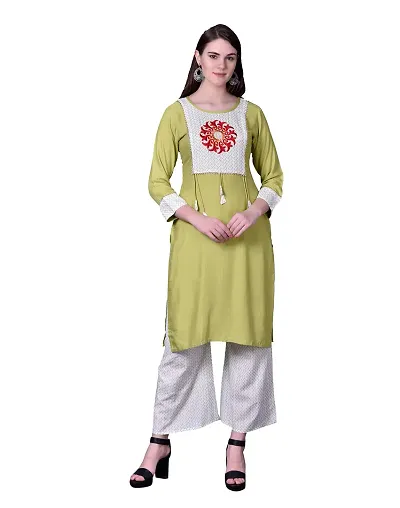 Ziva Fashion Women Embroidered Kurta and Palazzo Set Rayon Blend