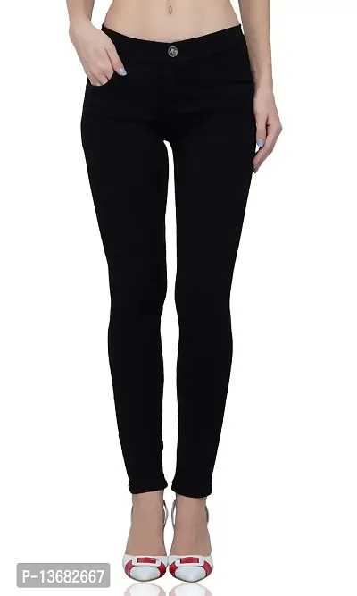 Luxsis Women's/Ladies/Girls Skinny Fit Denim Mid Waist Plain Jeans - Black-thumb2