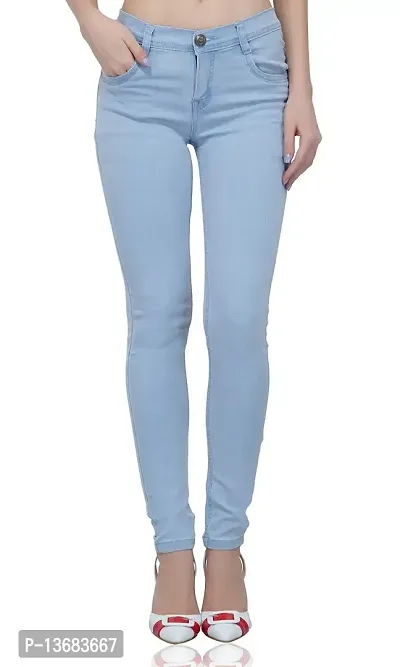 Luxsis Women's/Ladies/Girls Skinny Fit Denim Mid Waist Plain Jeans - Light Blue-thumb2