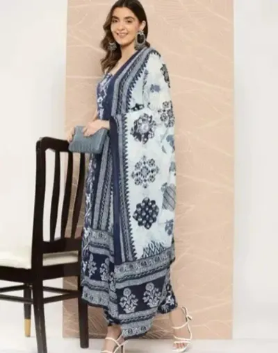 Straight Blend Kurta, Bottom and Dupatta Set For Women