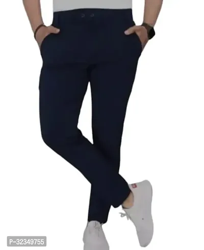 Elegant Navy Blue Cotton Blend Solid Casual Trousers For Men