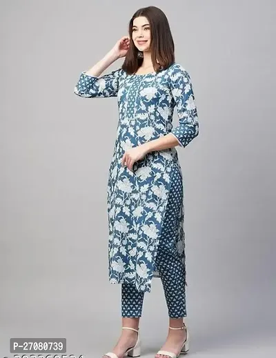 Stylish Blue Cotton A-Line Printed Kuti With Pant For Women-thumb3