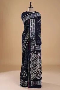 Stylish Navy Blue Silk Cotton Printed Saree With Blouse Piece For Women-thumb3