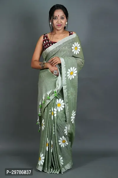 Stylish Green Cotton Printed Saree With Blouse Piece For Women