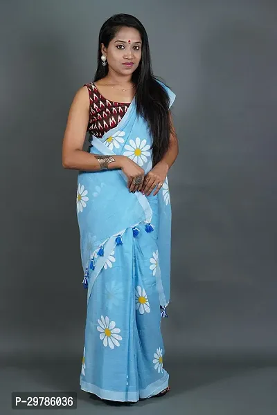 Stylish Blue Cotton Printed Saree With Blouse Piece For Women