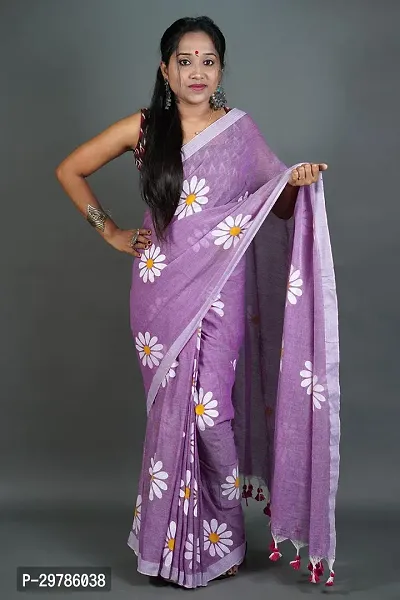 Stylish Purple Cotton Printed Saree With Blouse Piece For Women
