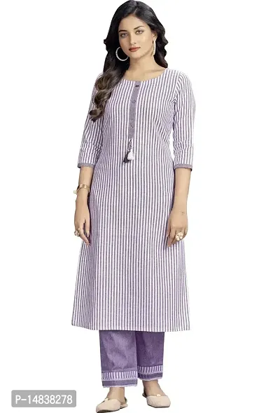 Glomee Women's Formal Striped Pure Cotton Women Gathered Kurta with Round Neck and 3/4 Sleeves