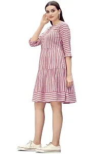 Glomee Women's Pure Cotton Striped Gather Dress with Embroidered Belt-thumb2