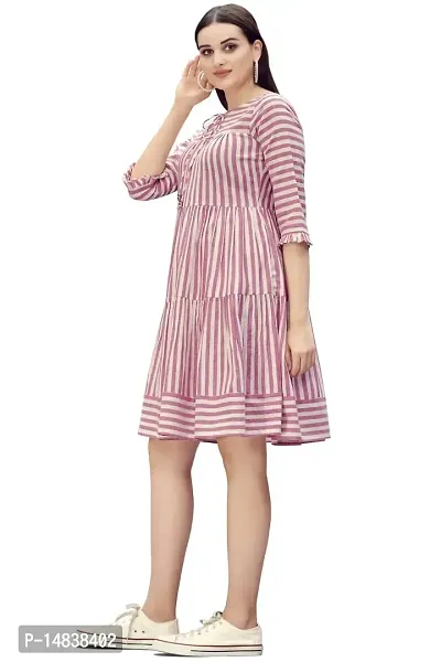 Glomee Women's Pure Cotton Striped Gather Dress with Embroidered Belt-thumb3