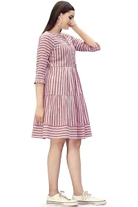 Glomee Women's Pure Cotton Striped Gather Dress with Embroidered Belt-thumb1