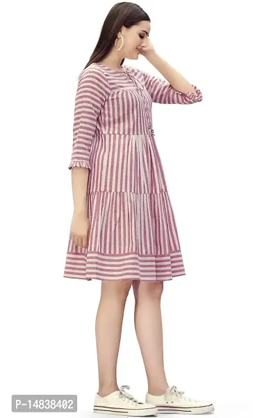 Glomee Women's Pure Cotton Striped Gather Dress with Embroidered Belt-thumb2