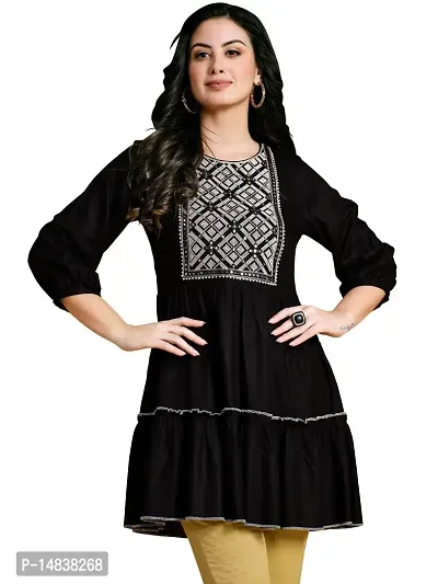 Glomee Flared Pure Viscose Rayon Gathered Embroidered Women?s Tunic_1 Top-thumb5