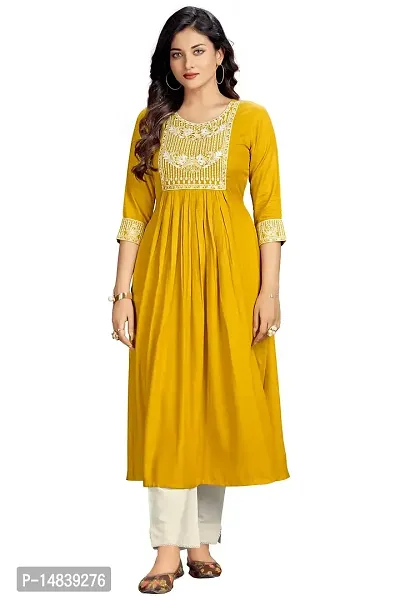 Yellow Viscose Rayon Embroidered Kurtas For Women