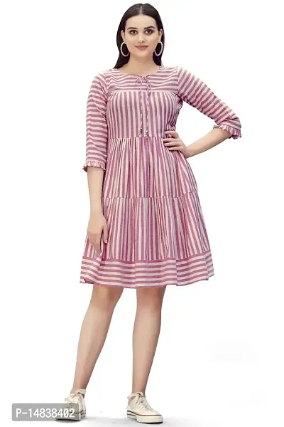 Glomee Women's Pure Cotton Striped Gather Dress with Embroidered Belt