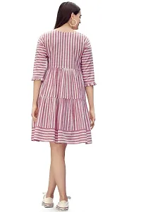 Glomee Women's Pure Cotton Striped Gather Dress with Embroidered Belt-thumb3