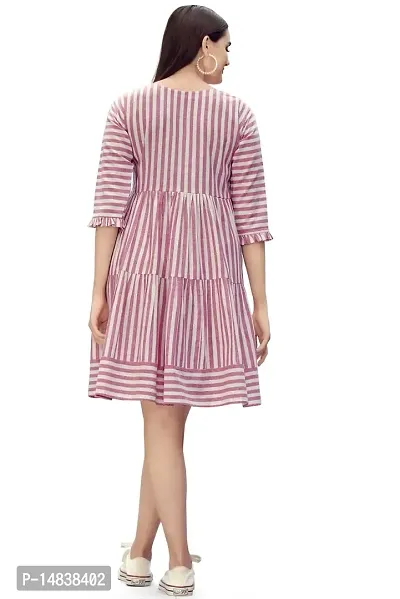 Glomee Women's Pure Cotton Striped Gather Dress with Embroidered Belt-thumb4