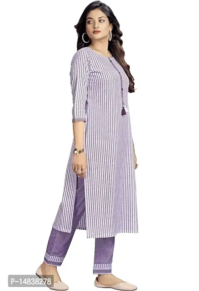 Glomee Women's Formal Striped Pure Cotton Women Gathered Kurta with Round Neck and 3/4 Sleeves-thumb2