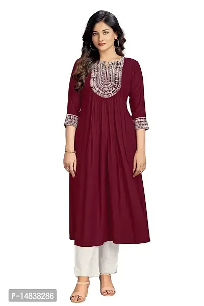 Glomee Rayon Embroidered Naira Cut Kurta for Women (S - 3XL) (XXX-Large, Maroon)-thumb0