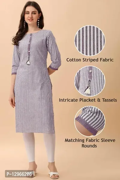 Striped Pure Cotton Women Straight Kurta with Tassels-thumb0