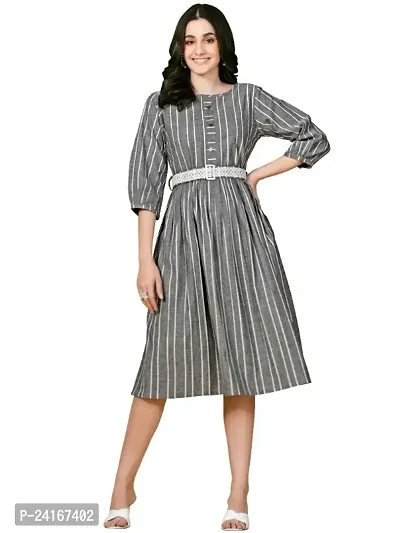 Striped Black Pure Cotton Western Dress With Belt