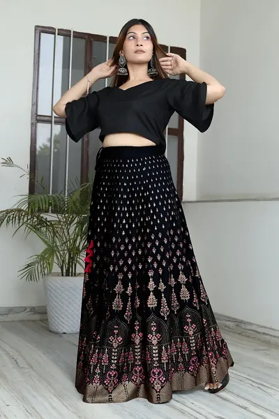 Black Printed Rayon Long Skirt