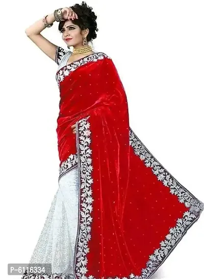 Red Velvet Self Pattern Sarees With Blouse For Women-thumb0