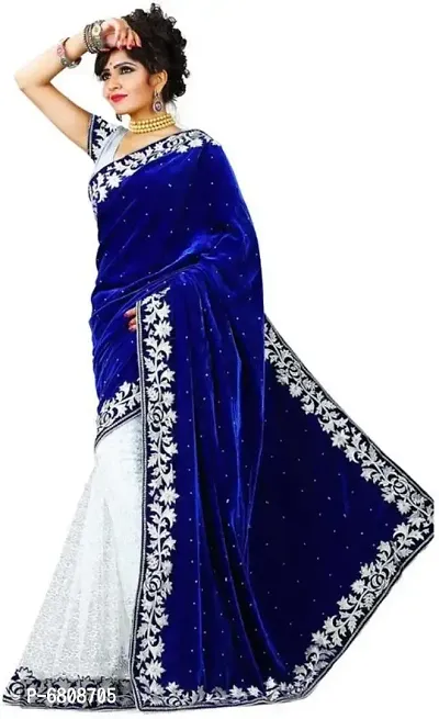 Blue Velvet Embellished Sarees For Women