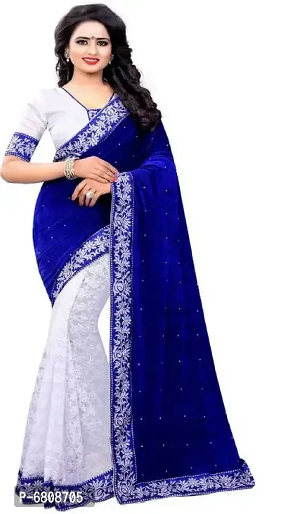 Blue Velvet Embellished Sarees For Women-thumb3