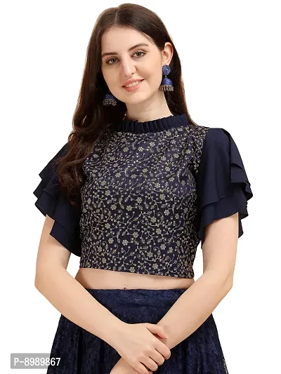 Paralians Party Flute Sleeves Embroidered Women Blue Top (Medium, Blue)