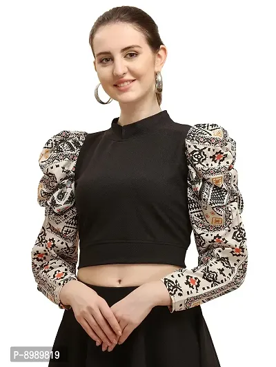 Paralians Casual Puff Sleeves Printed Women Black Top-thumb0