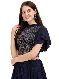 Paralians Party Flute Sleeves Embroidered Women Blue Top (Medium, Blue)-thumb1