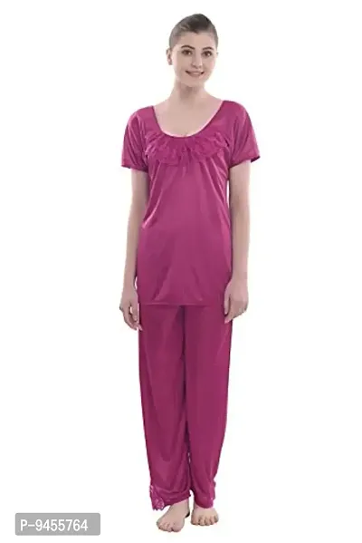 FNK Style Satin Sexy Night Suit Set with Top & Pyjama for Women Sleep Wear Night & Honeymoon