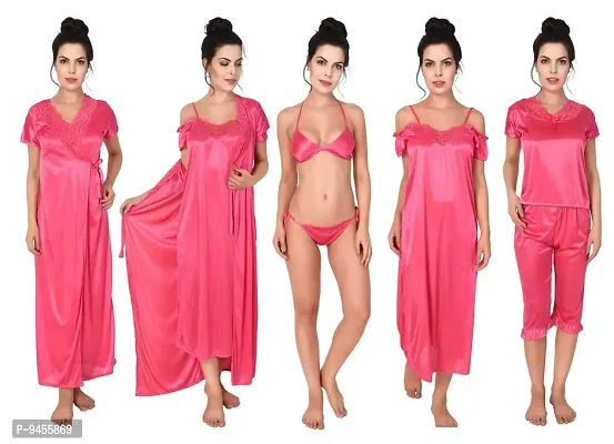 FNK Style Satin Soft Sexy Night Gown Set with Nighty Maxi Top Lower Babydoll with Robe for Women Sleep Wear Night & Honeymoon Pink