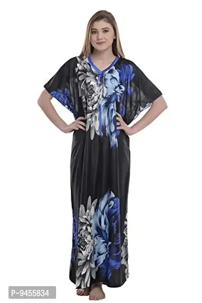 F.N.K STYLE Style Satin Floral Print Sexy aftan Night for Women Sleep Wear Night & Honeymoon Blue-thumb0