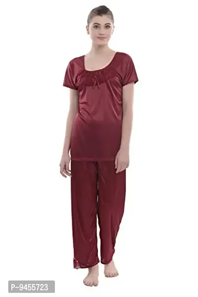 FNK Style Satin Sexy Night Suit Set with Top & Pyjama for Women Sleep Wear Night & Honeymoon