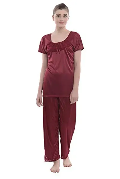 FNK Style Satin Sexy Night Suit Set with Top & Pyjama for Women Sleep Wear Night & Honeymoon