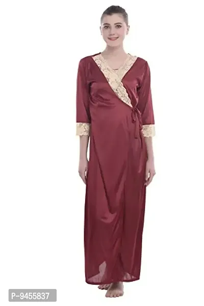 FNK Style Satin Soft Sexy Night Gown Calf Length with Robe for Women Sleep Wear Night & Honeymoon-thumb2