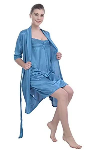 FNK Style Satin Soft Sexy Night Gown Calf Length with Robe for Women Sleep Wear Night & Honeymoon