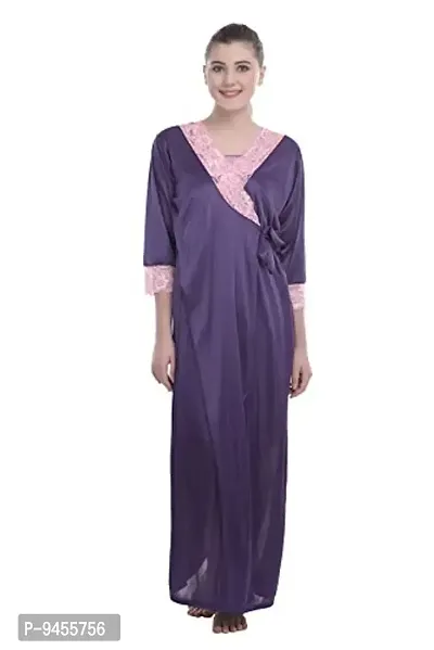 FNK Style Satin Soft Sexy Night Gown Calf Length with Robe for Women Sleep Wear Night & Honeymoon-thumb2