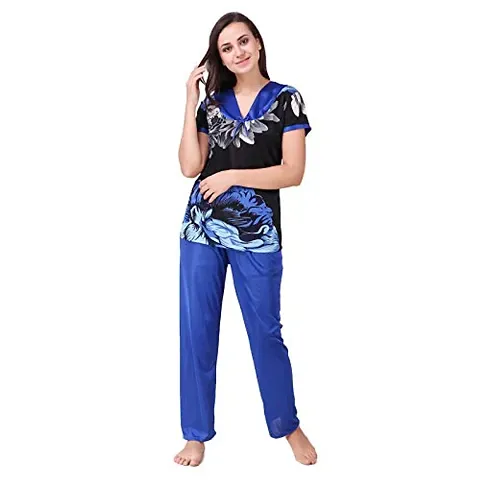 FNK Style Floral Print Satin Sexy Night Suit Set with Top Lower for Women Sleep Wear Night & Honeymoon