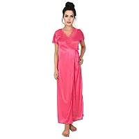 FNK Style Satin Soft Sexy Night Gown Set with Nighty Maxi Top Lower Babydoll with Robe for Women Sleep Wear Night & Honeymoon Pink-thumb2