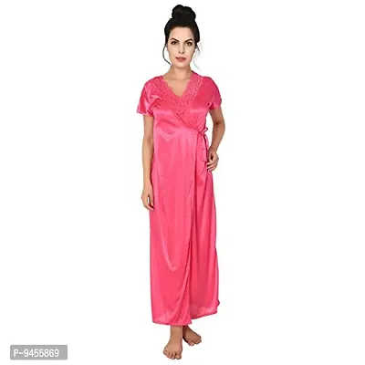 FNK Style Satin Soft Sexy Night Gown Set with Nighty Maxi Top Lower Babydoll with Robe for Women Sleep Wear Night & Honeymoon Pink-thumb3