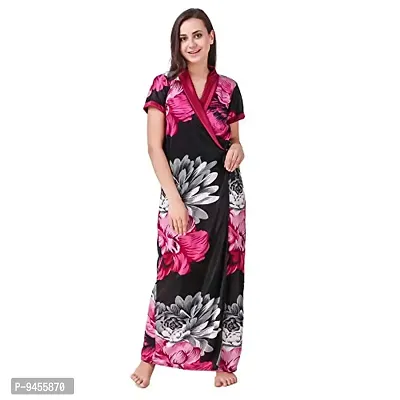 FNK Style Satin Soft Printed Sexy Full Length Robe for Women Sleep Wear Night & Honeymoon Maroon