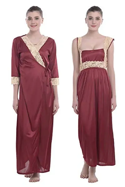 FNK Style Satin Soft Sexy Night Gown Calf Length with Robe for Women Sleep Wear Night & Honeymoon