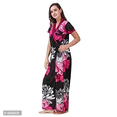 FNK Style Satin Soft Printed Sexy Full Length Robe for Women Sleep Wear Night & Honeymoon Maroon-thumb2