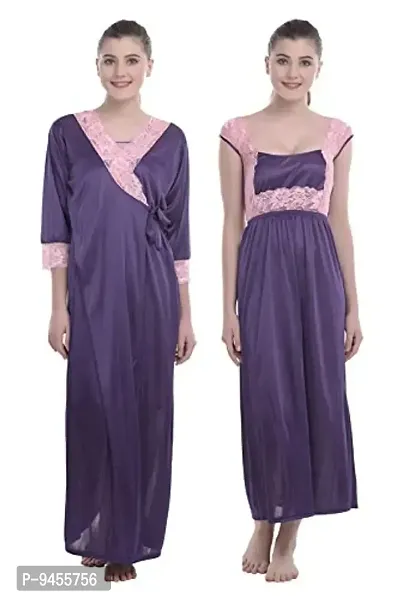 FNK Style Satin Soft Sexy Night Gown Calf Length with Robe for Women Sleep Wear Night & Honeymoon-thumb0